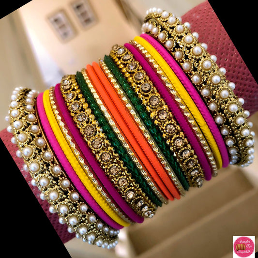 Multicoloured Pearl Metal Bangle Set