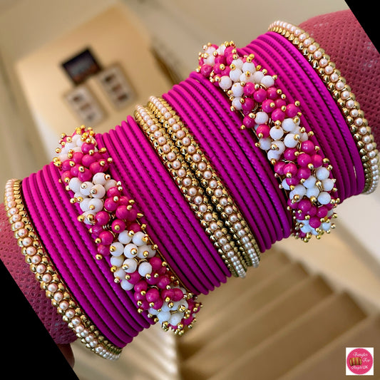 Pearl/Beaded Metal Bangle Set - Magenta