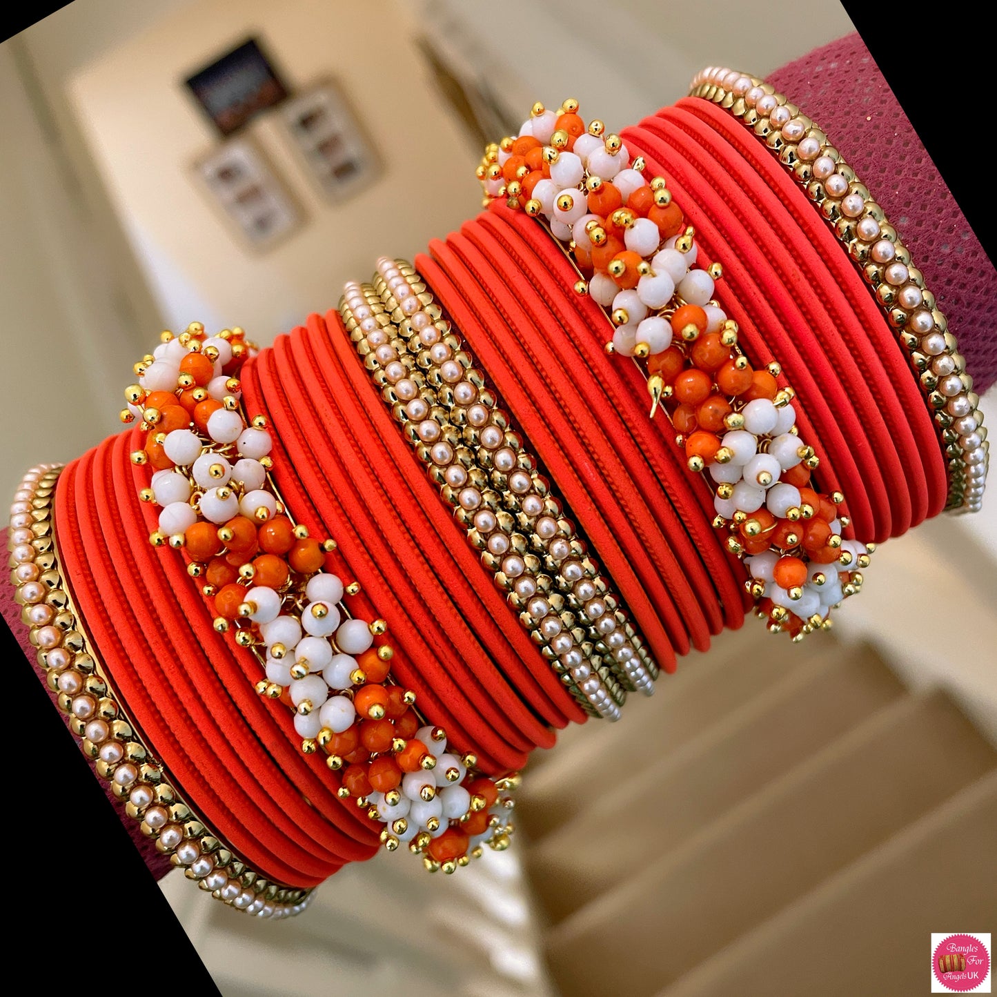 Pearl/Beaded Metal Bangle Set - Orange