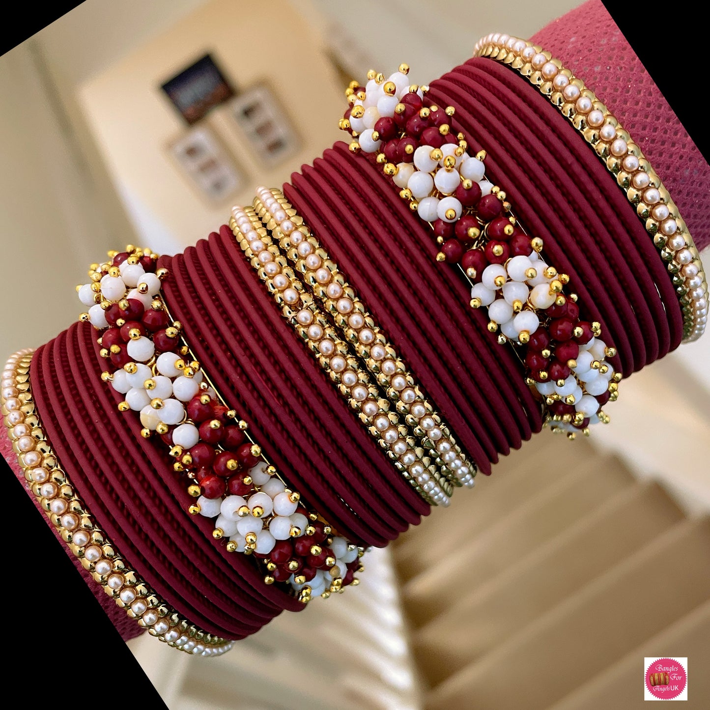 Pearl/Beaded Metal Bangle Set - Maroon