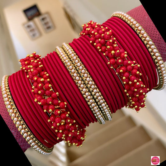 Ravishing Red Beaded/Pearl Bangle Set