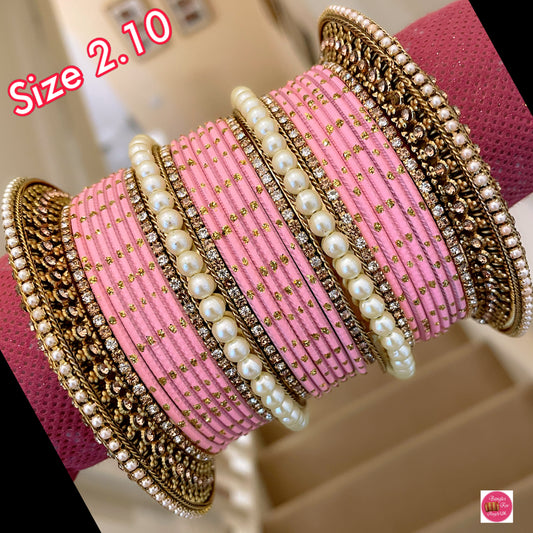 Gold Pearl Bangle Set - Pink