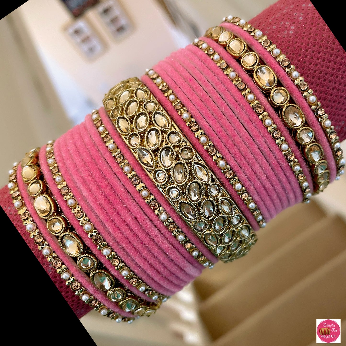 Kundan Metal Bangle Set - Blush Pink