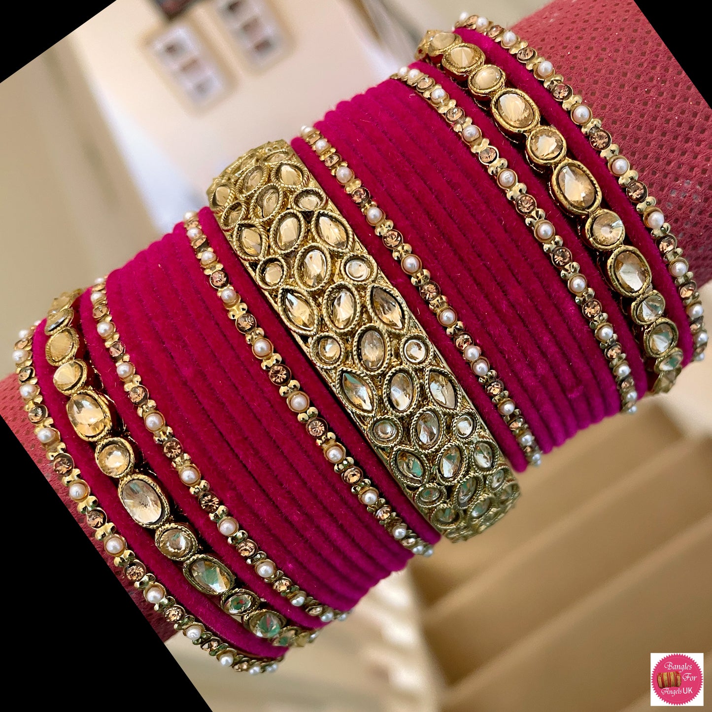 Kundan Metal Bangle Set - Hot Pink