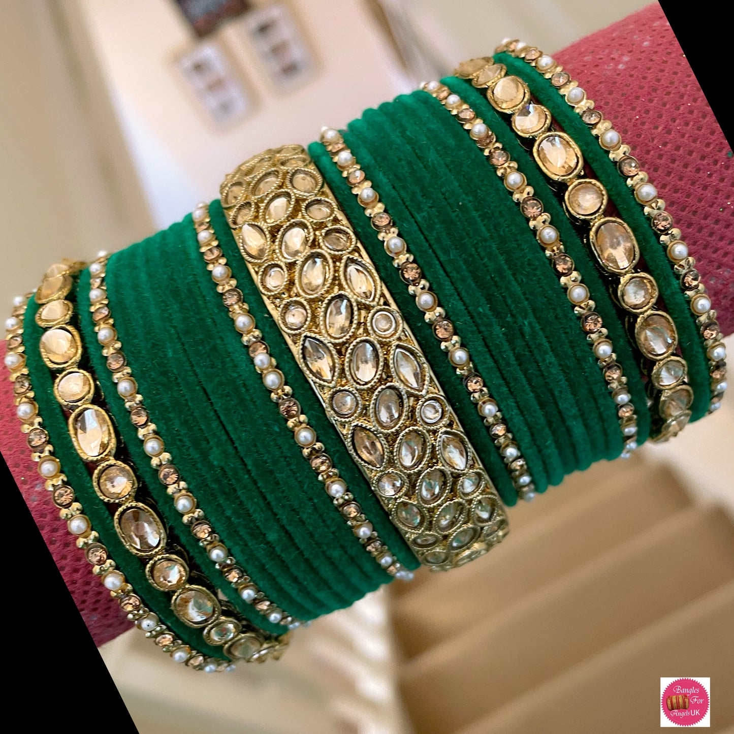 Kundan Velvet Metal Bangle Set - Green