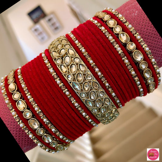 Kundan Velvet Bangle Set - Red