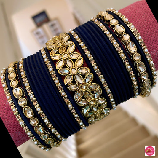 Kundan Metal Bangle Set - Navy Blue