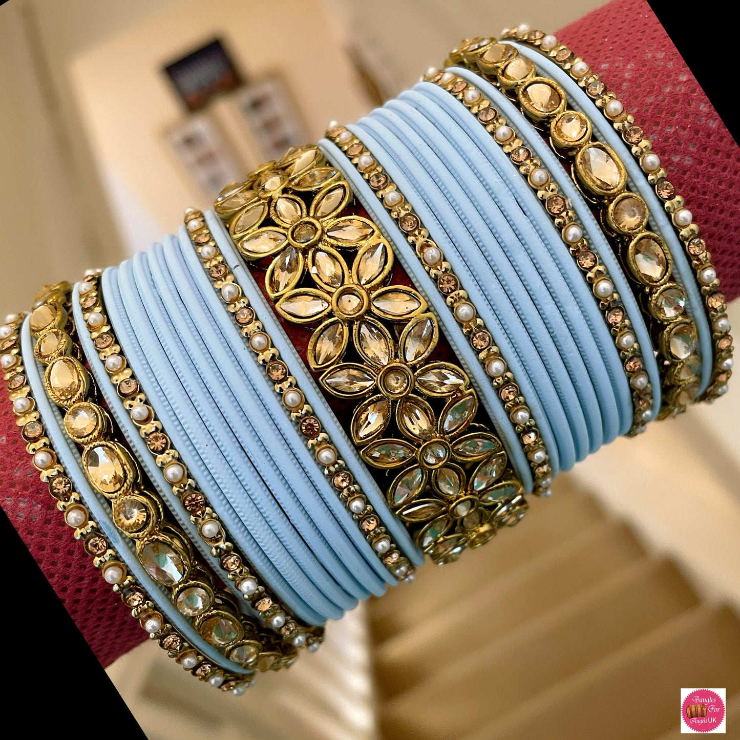 Kundan Metal Bangle Set - Baby Blue