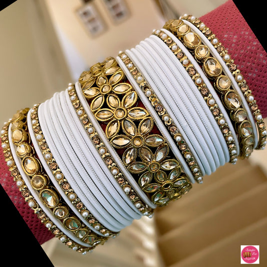 Kundan Metal Bangle Set - White