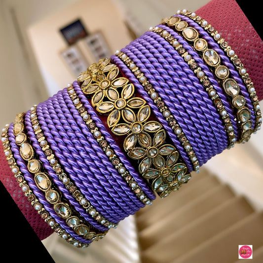 Kundan Metal Bangle Set - Purple