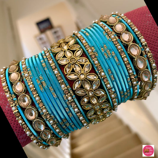 Kundan Metal Bangle Set - Sky Blue