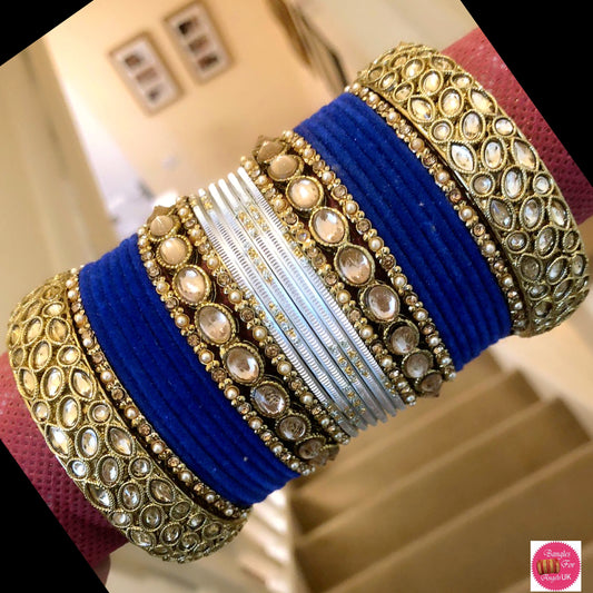 Kundan Metal Bangle Set - Blue/Silver