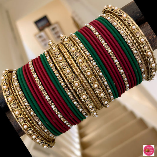 Pearl/Gold Bangle Set - Maroon/Green