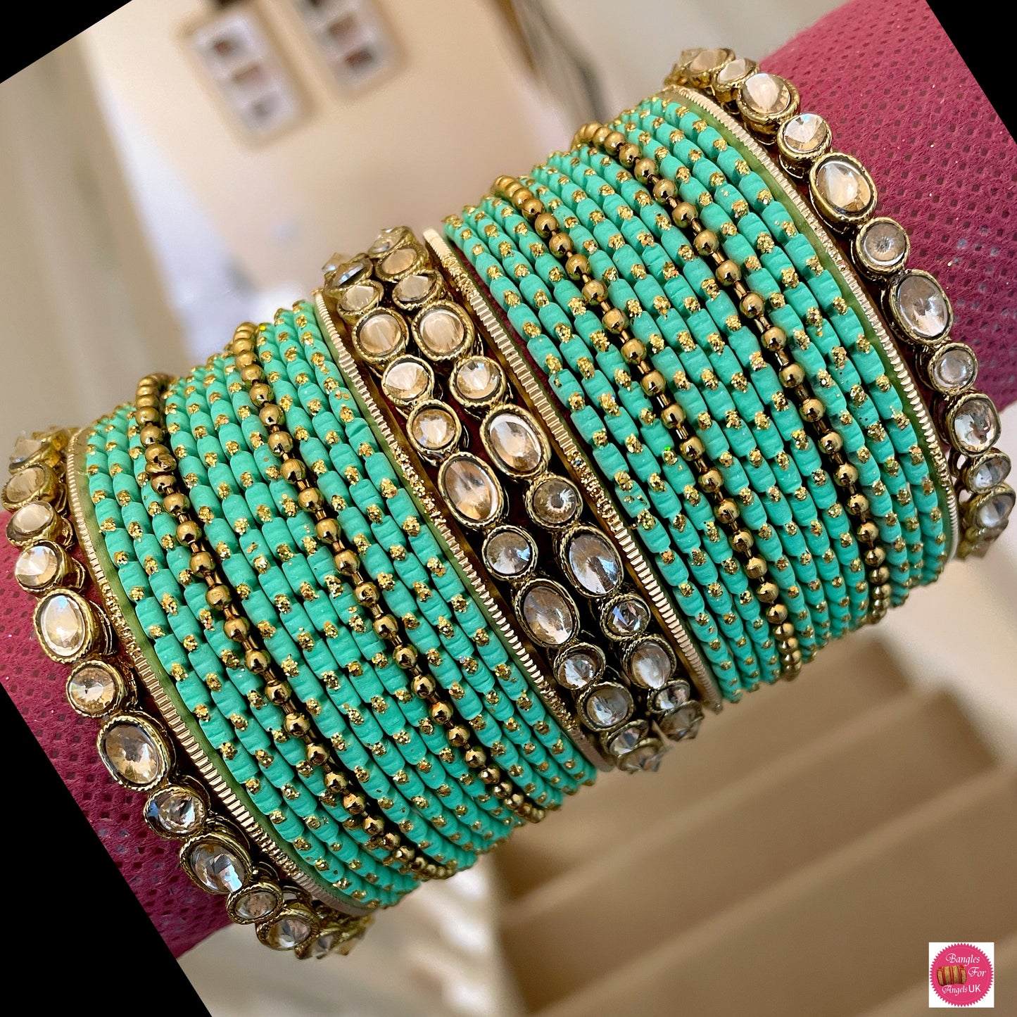 Kundan Metal Bangle set - Mint