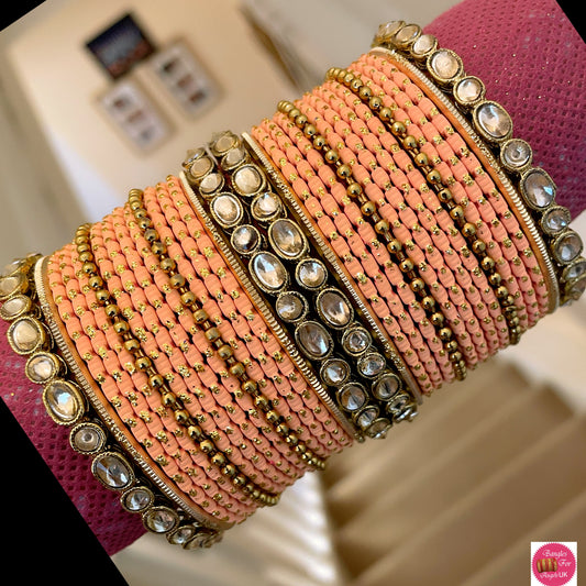 Kundan Metal Bangle Set - Peach