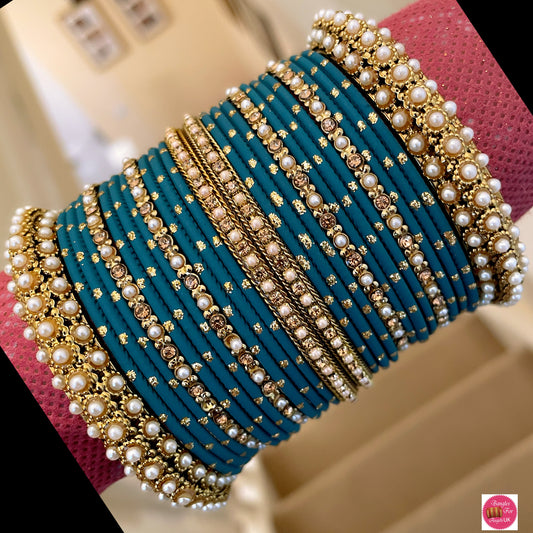 Pearl Metal Bangle Set - Teal