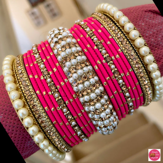 Pearl Metal Bangle Set - Pink