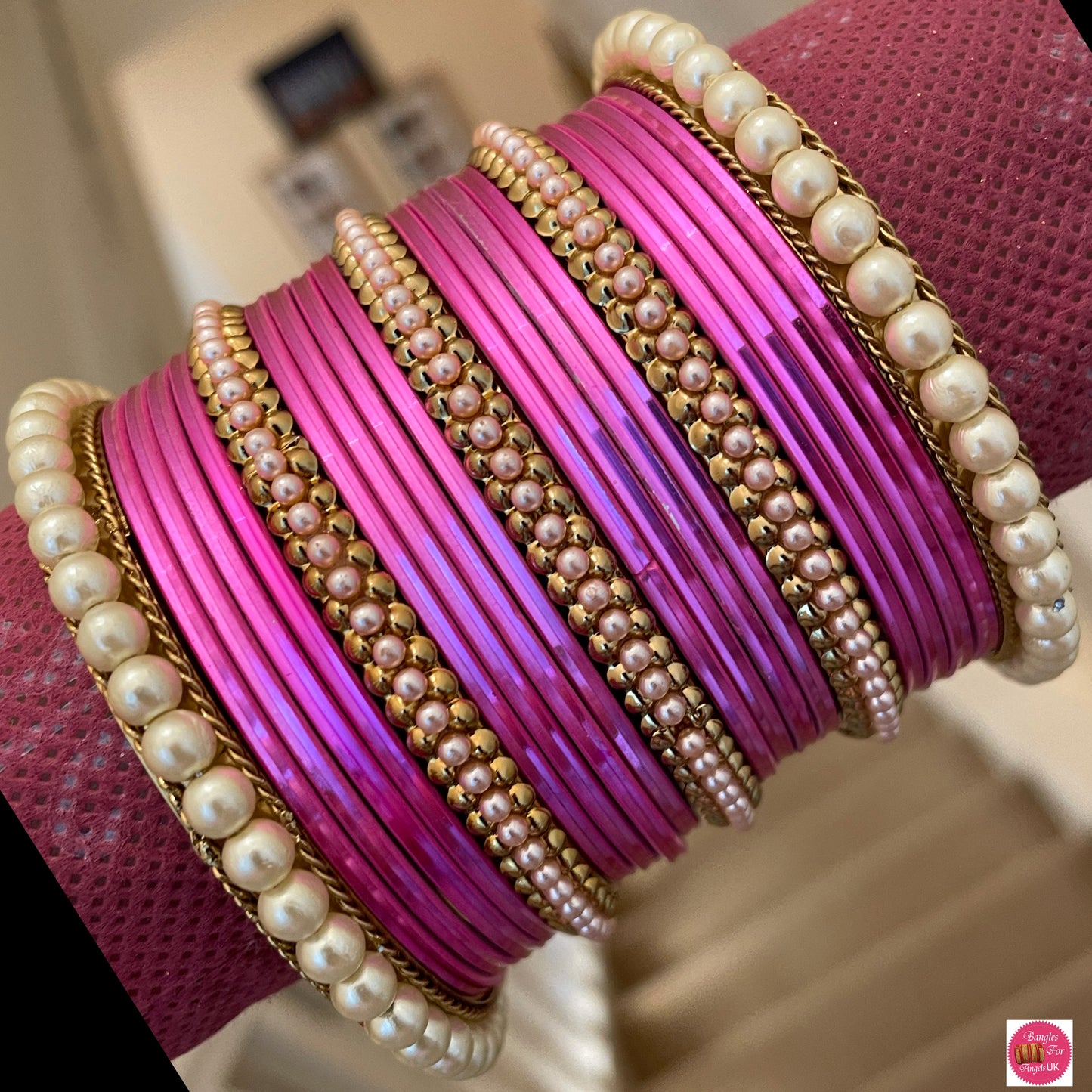 Pearl Metal Bangle Set - Pink