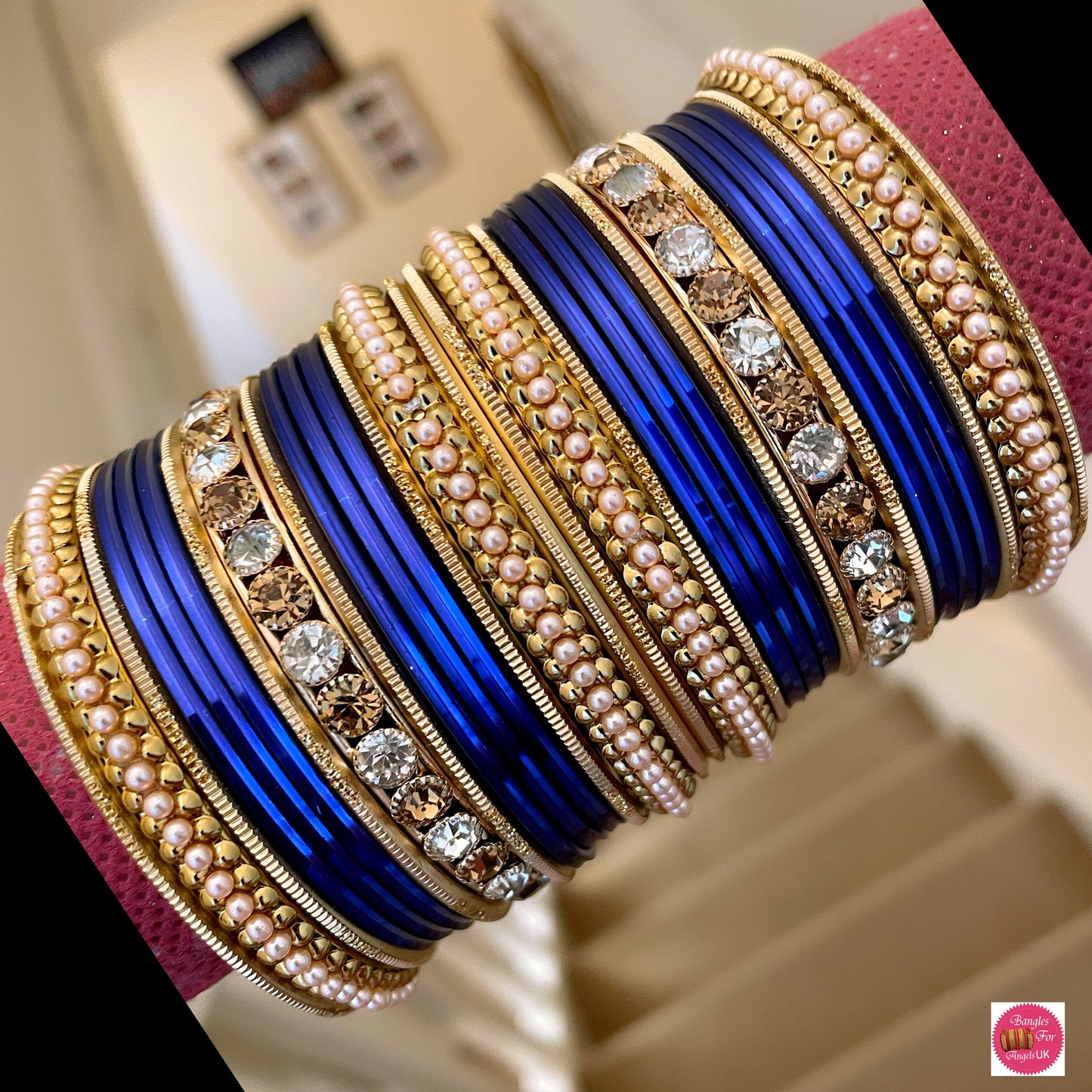 Pearl/Zirconia Metal Bangle Set - Blue