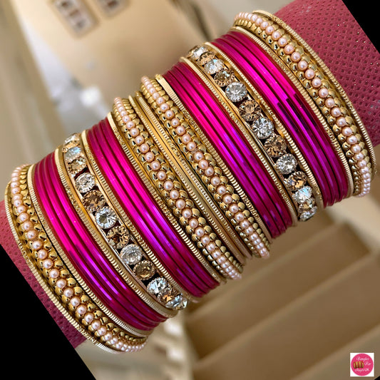 Pearl/Zirconia Metal Bangle Set - Hot Pink