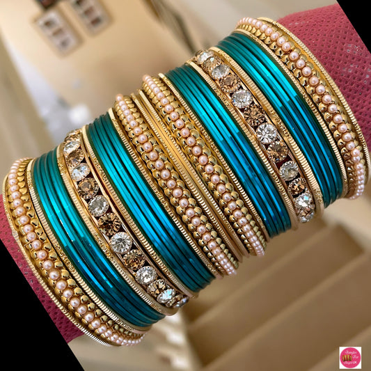 Pearl/Zirconia Metal Bangle Set - Turquoise Blue