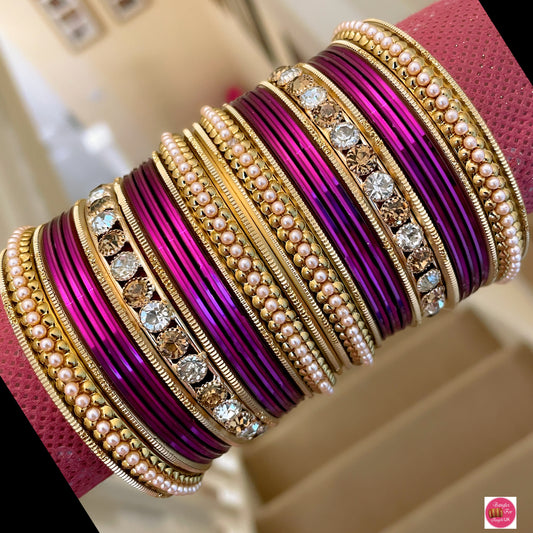 Pearl/Zirconia Metal Bangle Set - Mulberry Purple/Plum