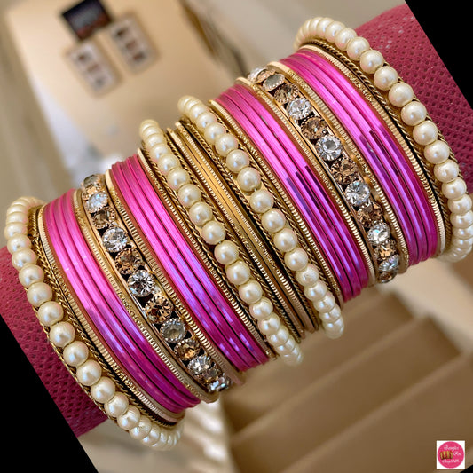 Pearl/Zirconia Metal Bangle Set- Pink