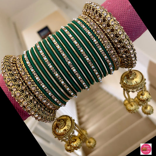 Antique Gold Hanging Bangle Set - Green