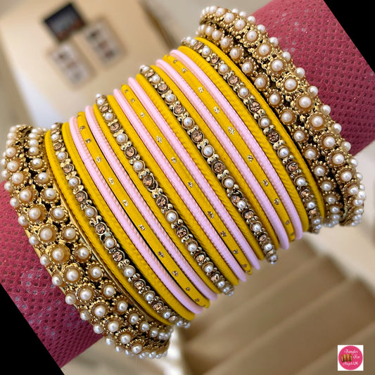 Pearl/Stone Bangle Set - Yellow/Pink