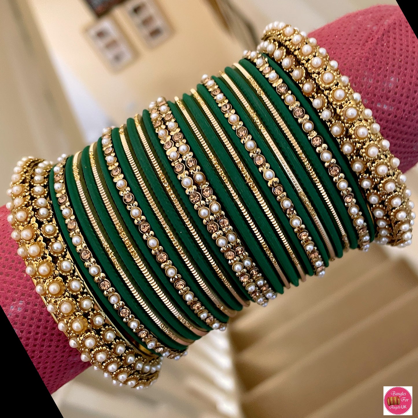 Pearl Metal Bangle Set - Green