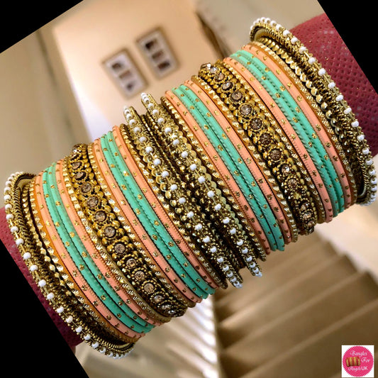 Gold Metal Bangle Set - Peach/ Mint Green