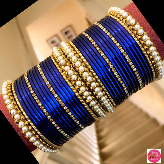 Pearl Metal Bangle Set - Blue