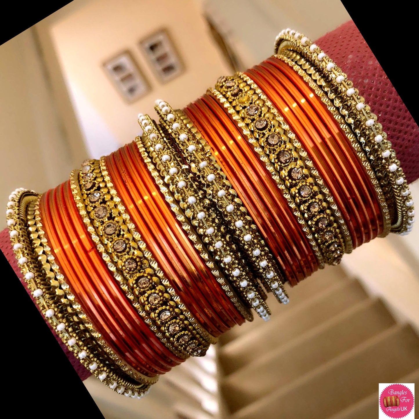 Pearl & Gold Metal Bangle Set - Orange