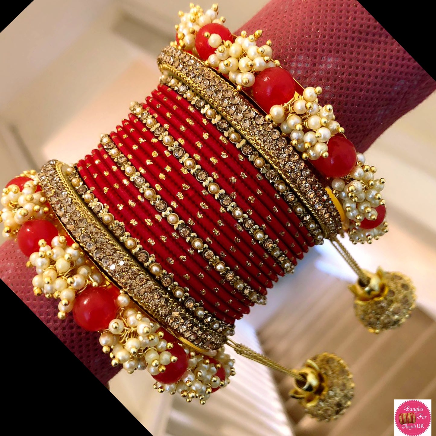 Red & White Hanging Beaded Bangle Set