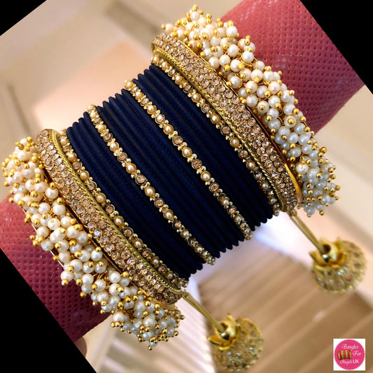 Blue Hanging Pearl Bangle Set