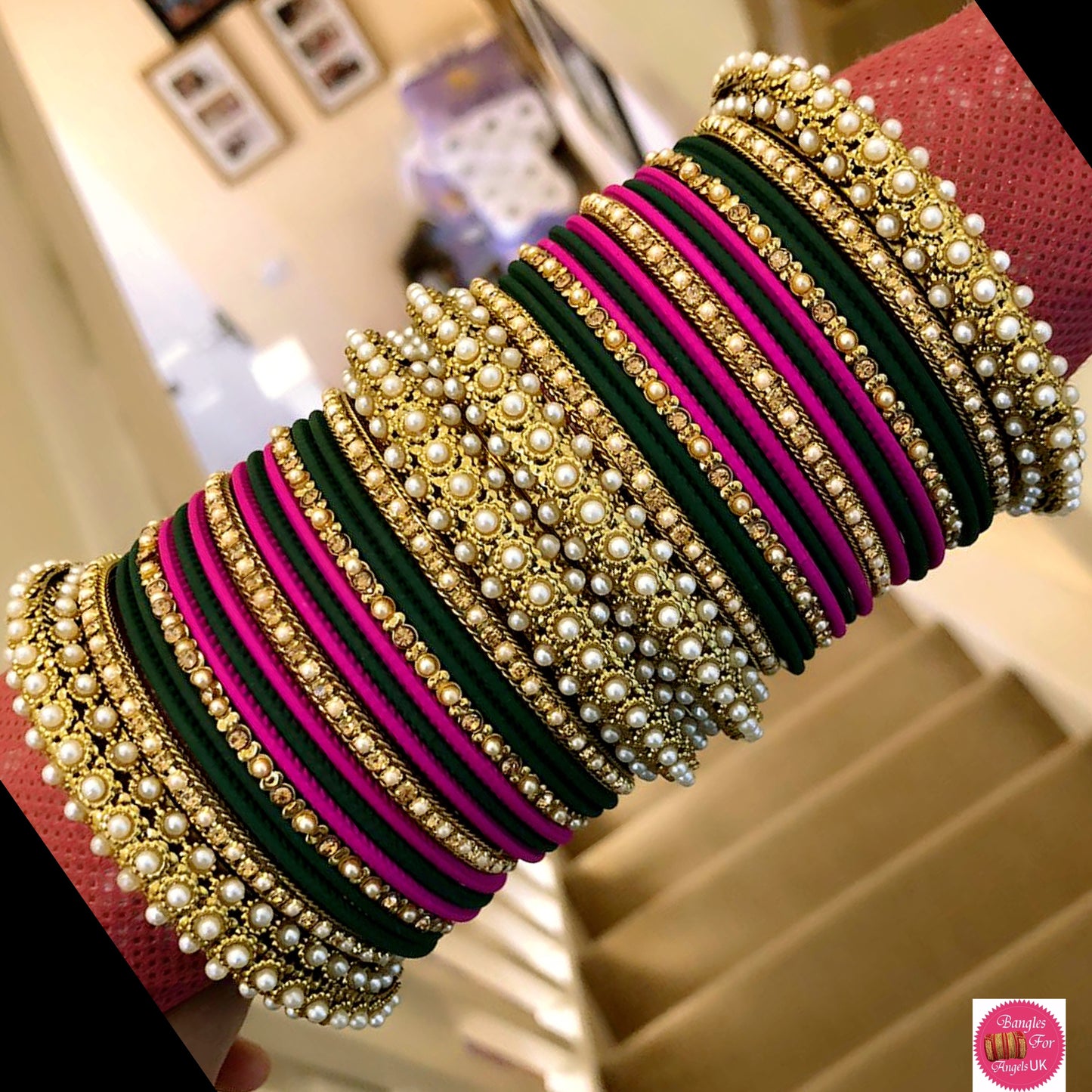 Pearl Metal Bangle Set - Green/Pink