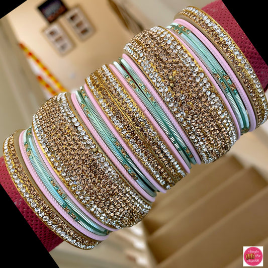 Gold Bangle Set - Pink/Mint Green