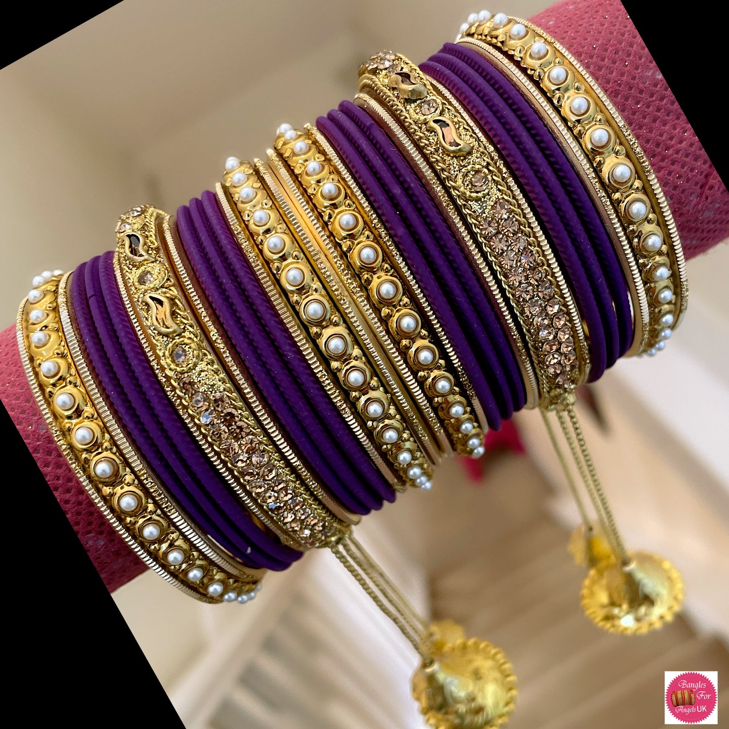 Pearl Hanging Metal Bangle Set - Purple