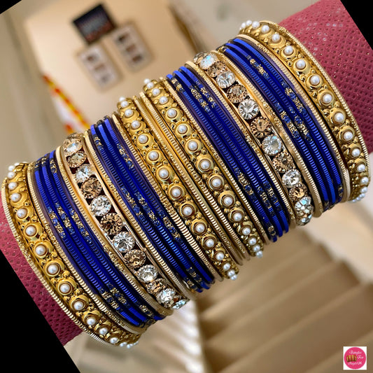 Zirconia Pearl Metal Bangle Set - Blue