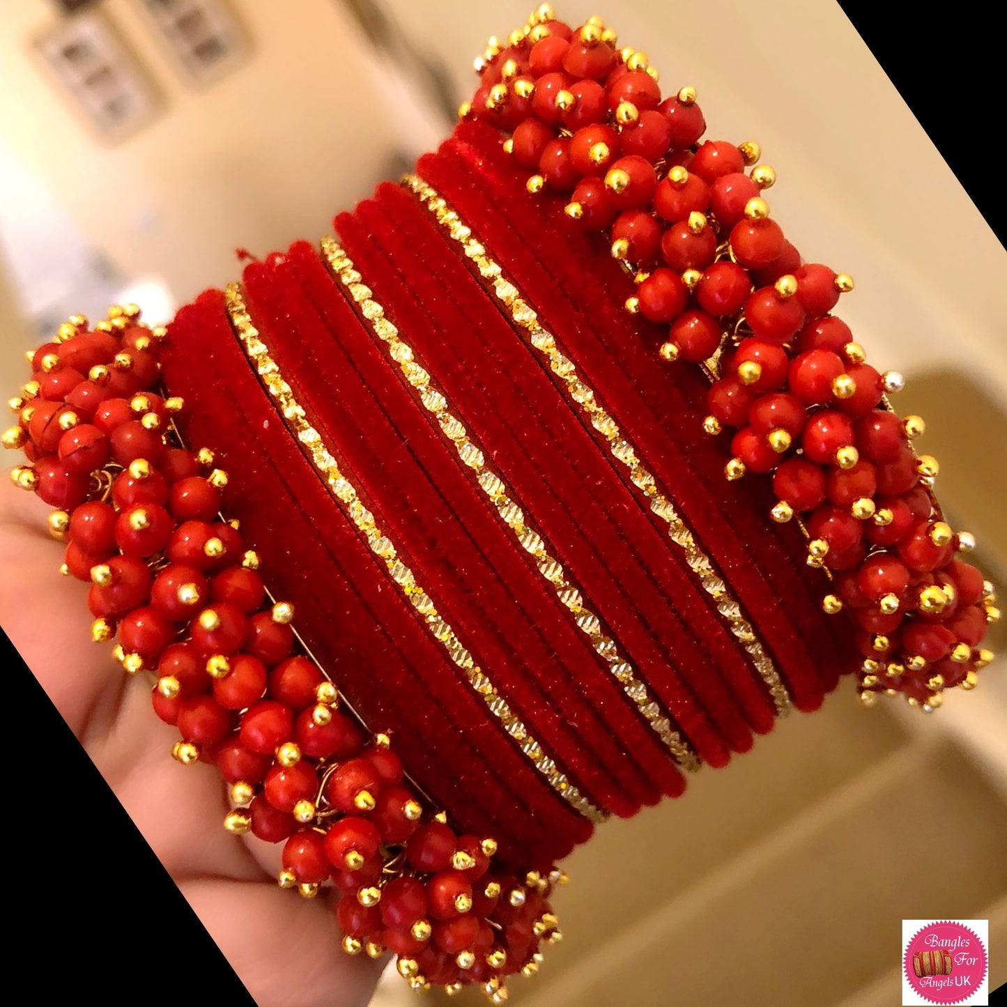 Beaded Red Velvet Bangle Set