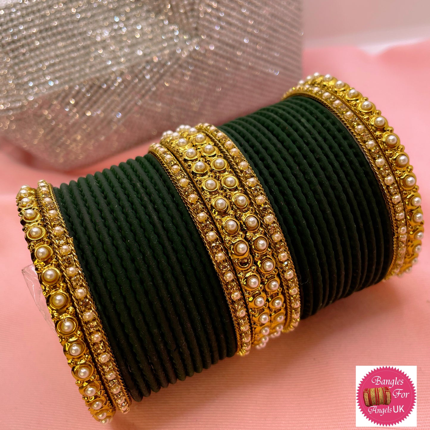 Pearl Metal Bangle Set - Green