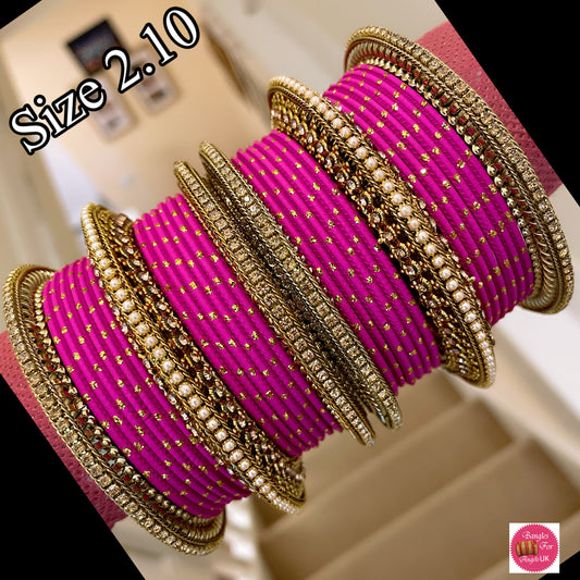 Gold Metal Bangle Set - Hot Pink