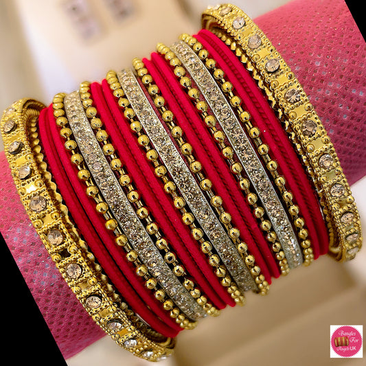 Gold Dotted Bangle Set - Red