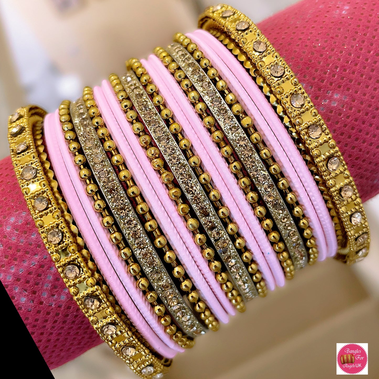 Gold Dotted Bangle Set - Pink