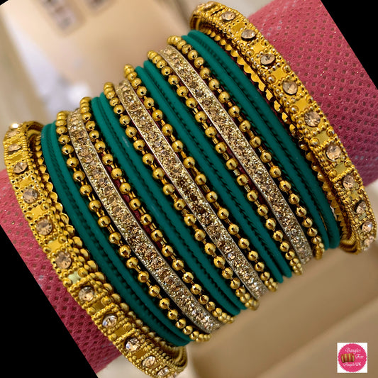 Gold Dotted Bangle Set - Emerald Green