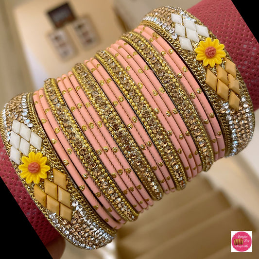 Gold Flower Bangle Set - Peach