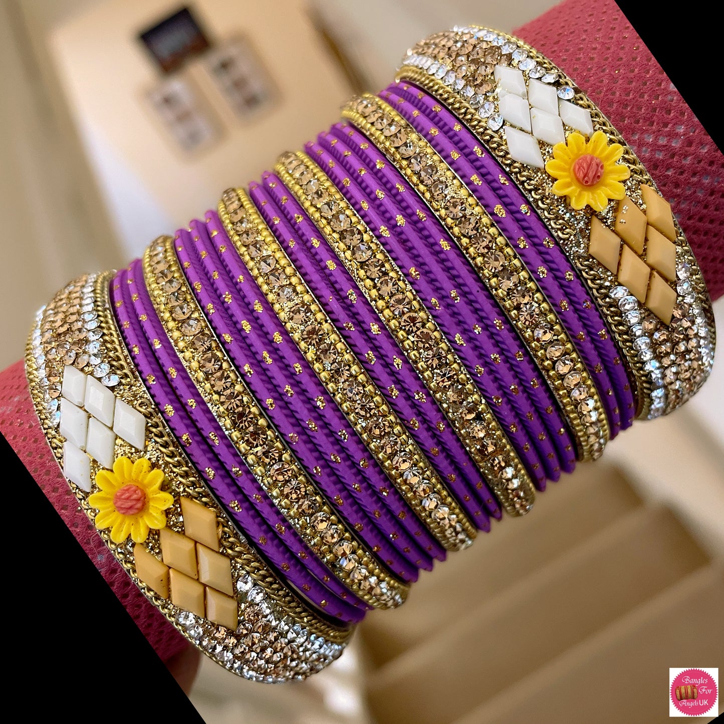 Gold Flower Metal Bangle Set - Purple