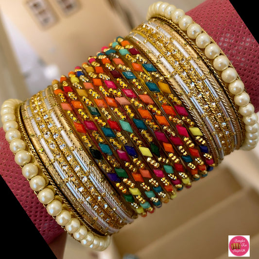 Multicoloured Pearl Glass Bangle Set