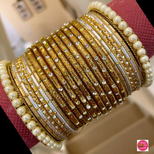 Pearl Glass Bangle Set - Gold