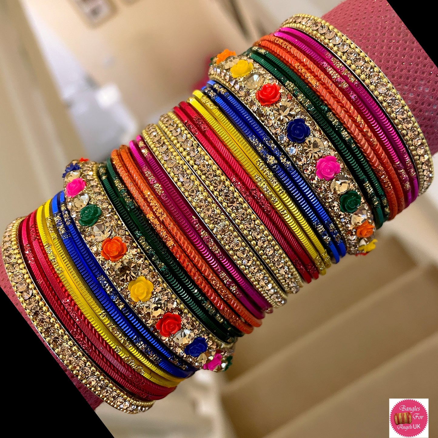 Multicoloured Flower Metal Bangle Set